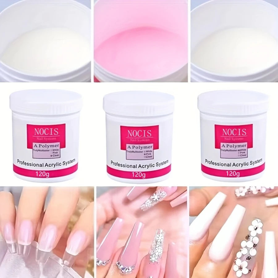NOCIS Acrylic Powder – White, Pink & Naked Colors for 3D Nail Extension, 120g