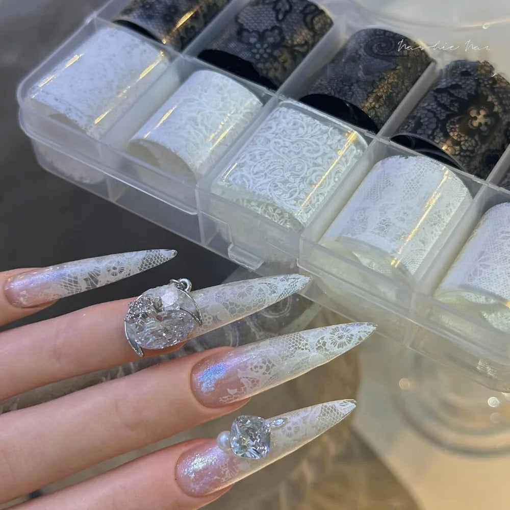 MAFANAILS Black & White Lace Nail Transfer Stickers – Sexy Flower Lace Foils, 10 Rolls