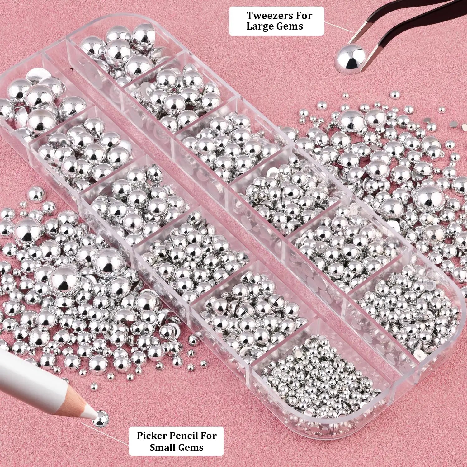 HotPress Silver Half Round Caviar Bead Nail Rhinestones – Flatback Pearl & Alloy Ball Set, 12 Grids