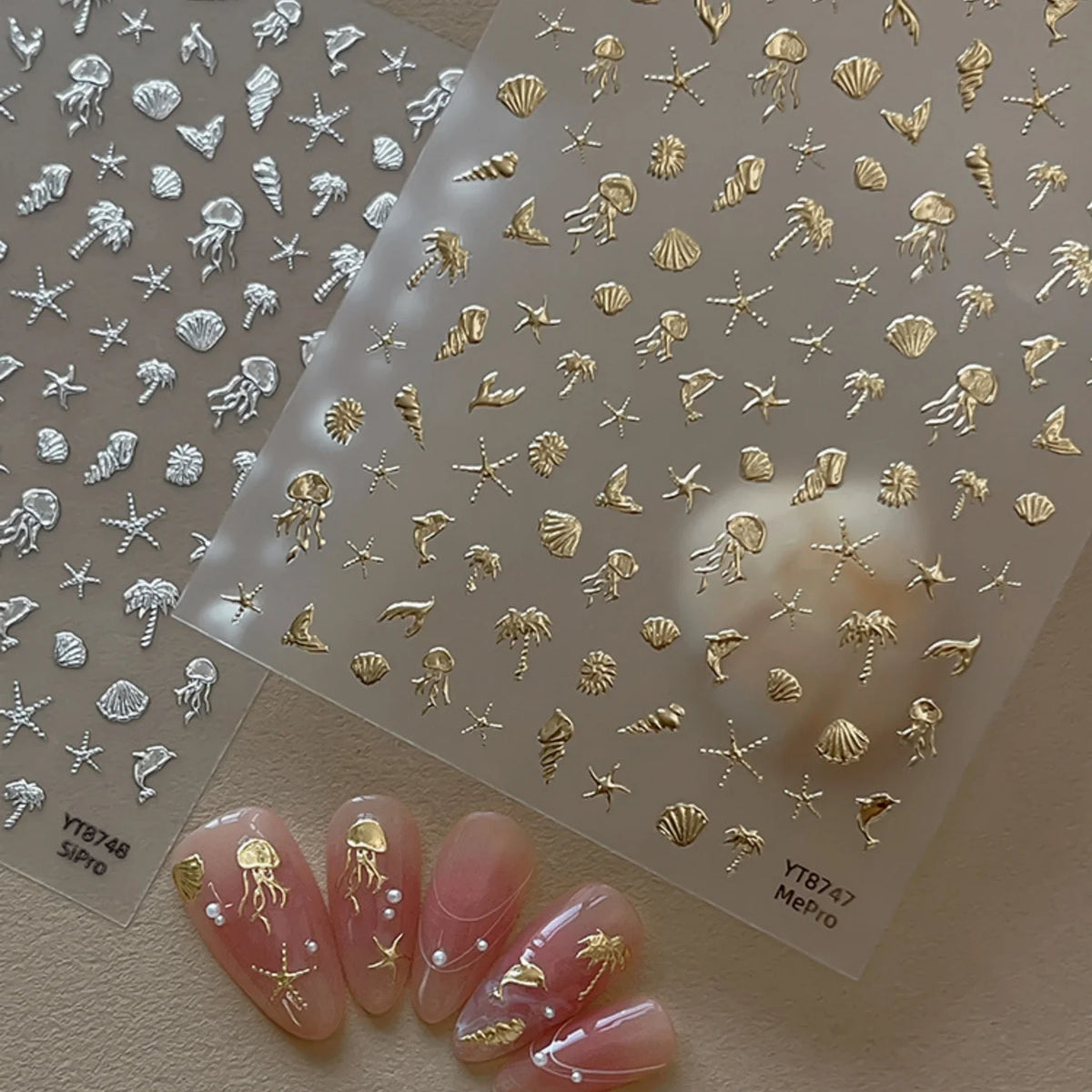 5D Hot Stamping Ocean Nail Stickers – Jellyfish, Shell & Starfish Tropical Decals