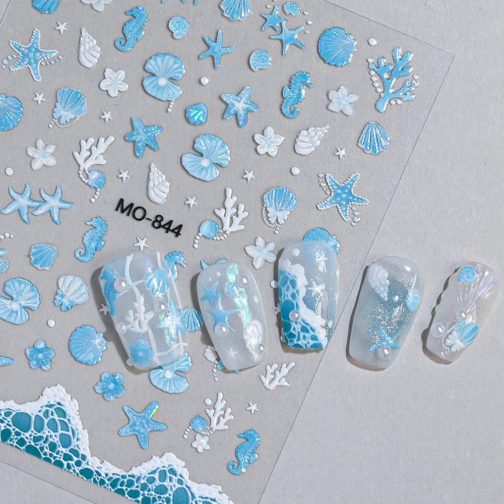 Holographic 3D Ocean Nail Art Stickers – Shell & Starfish Seaside Decals, 3 Sheets