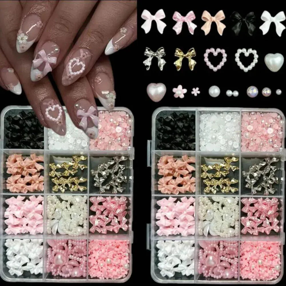 MAFANAILS 3D Resin Bowknot Pearl Nail Charms – Y2K Heart & Flower Decor, 12 Grids
