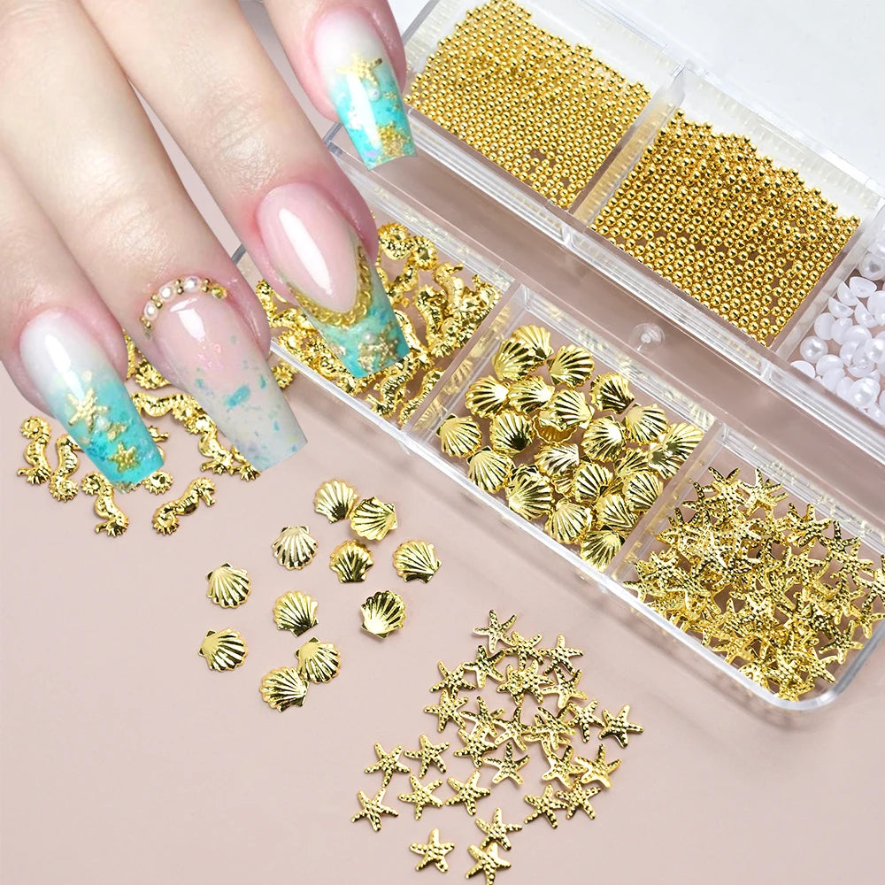 MAFANAILS Metal Summer Ocean Nail Art Charms – Shell, Starfish & Seahorse Studs, 6 Grids