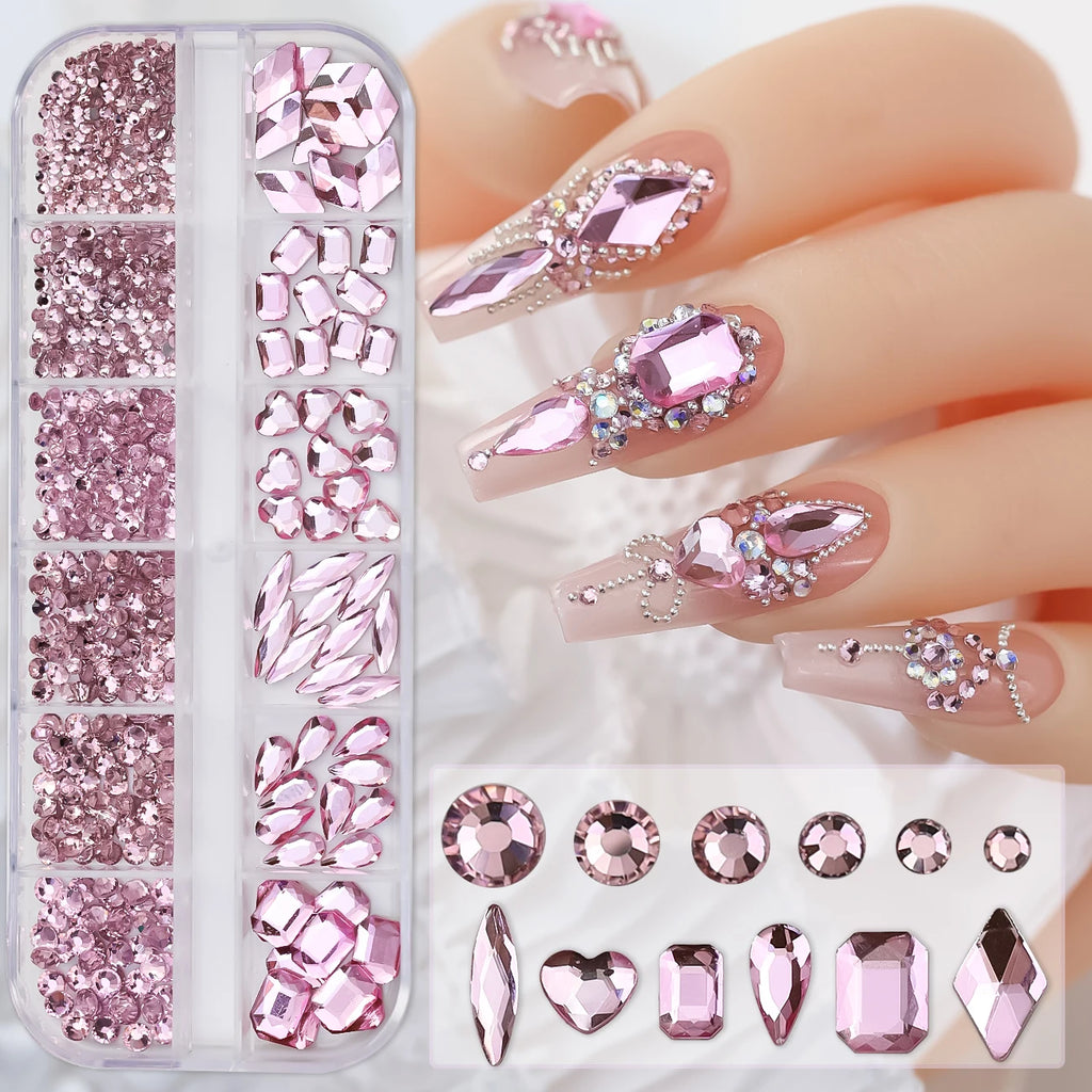 Sparkle Crystal Nail Rhinestones – Mixed Shape Flatback Gems, 12 Grids