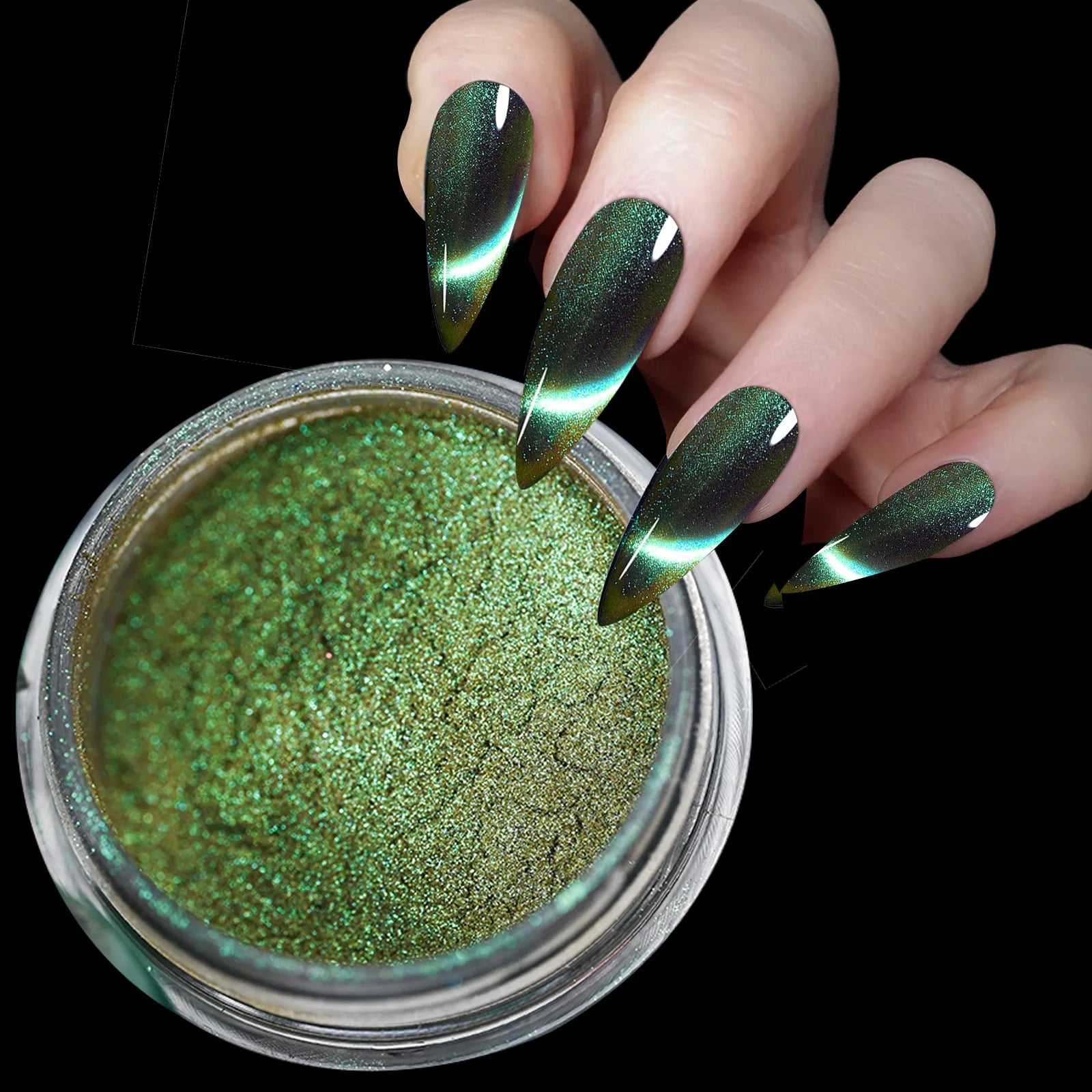 1Jar 9D Sparkly Chameleon Magnetic Nail Powder Cat Eye Effect Chrome Nail Pigment 0.5g Holographic Glitter Cat Eye Magnet Powder