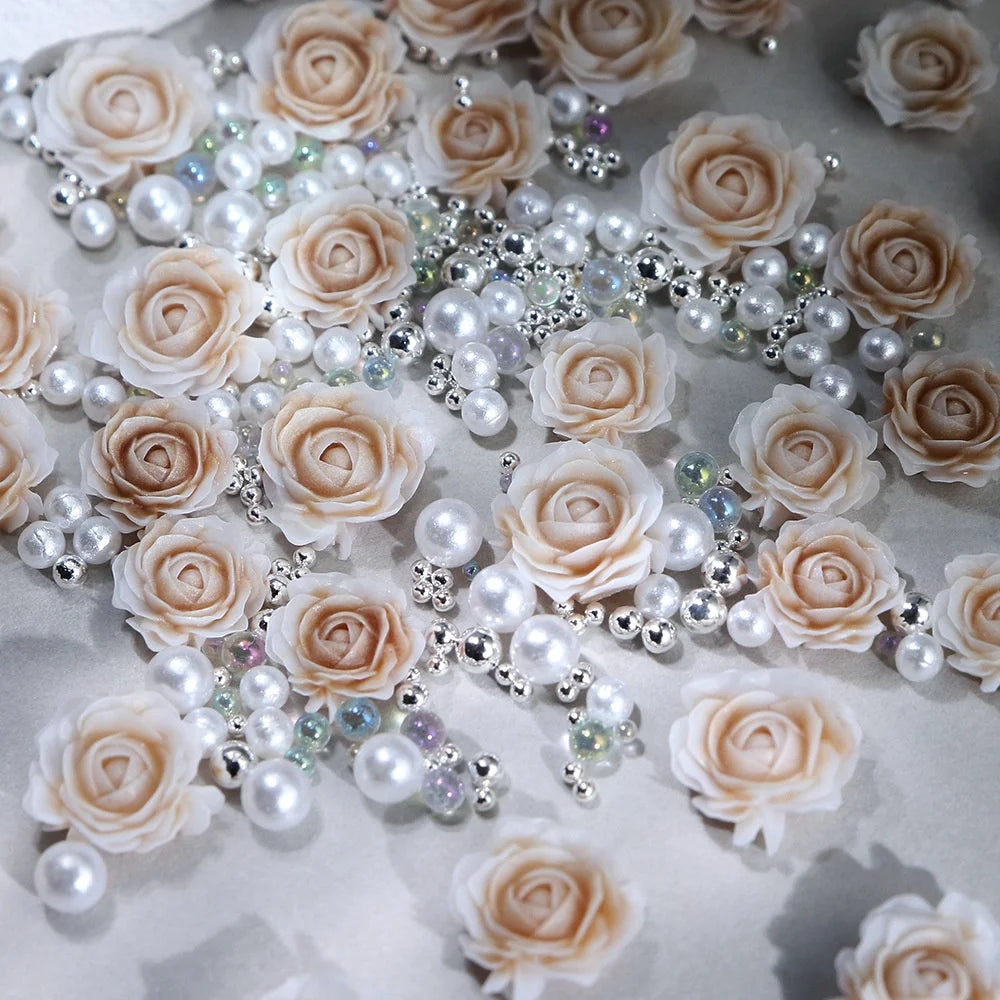 3D Rose Flower Nail Charms – Pink Pearl Beads, Valentine's Nail Art Decoration