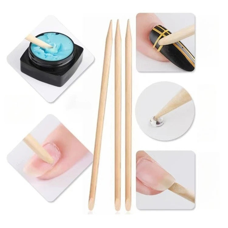 Orange Wood Nail Pusher Sticks – Dual-Head Cuticle & Rhinestone Dotting Tool