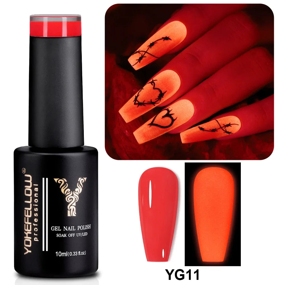 YOKEFELLOW 10ML Glow in the Dark Gel Nail Polish Luminous Neon Gel Polish Summer Semi Permanent Soak Off Nail Art UV Varnish