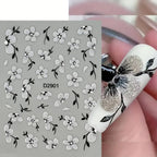 5D Glitter Silver Black Flower Nail Stickers – Embossed Floral Transfer Decals