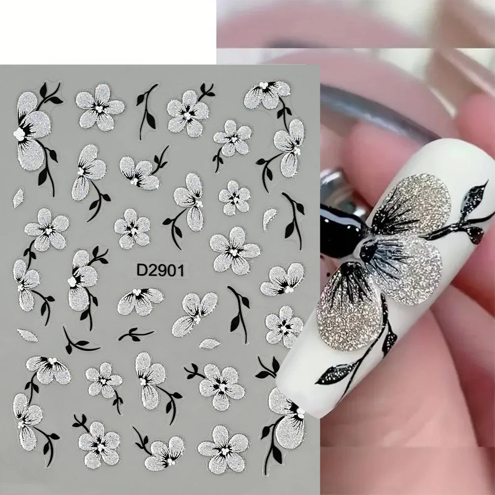 5D Glitter Silver Black Flower Nail Stickers – Embossed Floral Transfer Decals