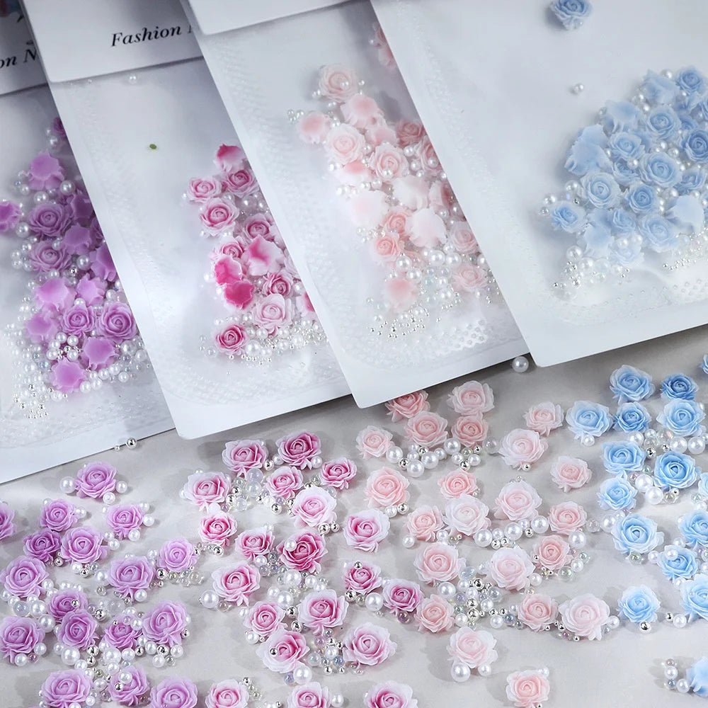 3D Rose Flower Nail Charms – Pink Pearl Beads, Valentine's Nail Art Decoration