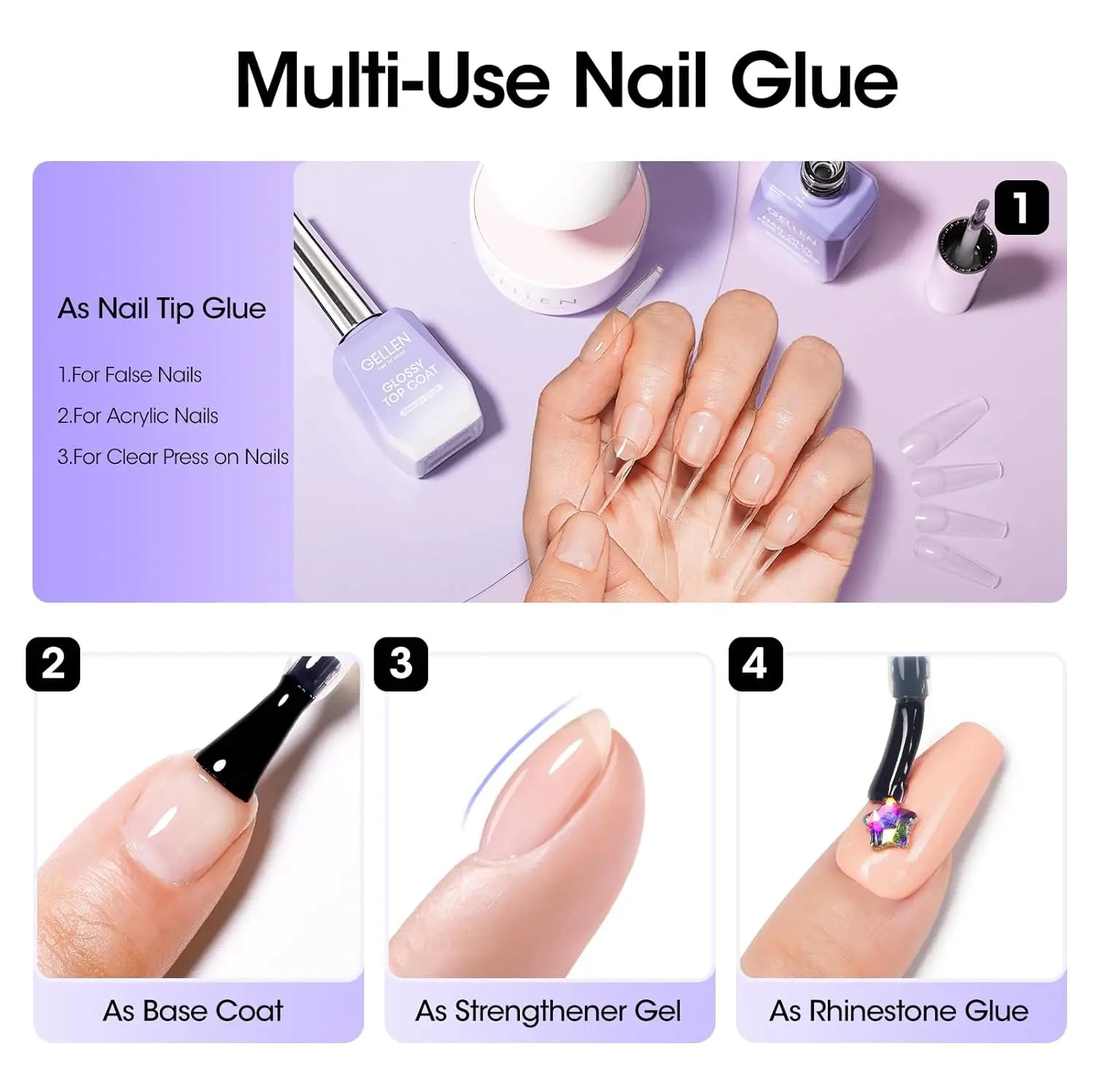 GELLEN 18ml 4In1 Nail Glue Gel Prep Dehydrator Kit for False Acrylic Press on Nails Soak Off LED UV Light Cure Manicure Supplies