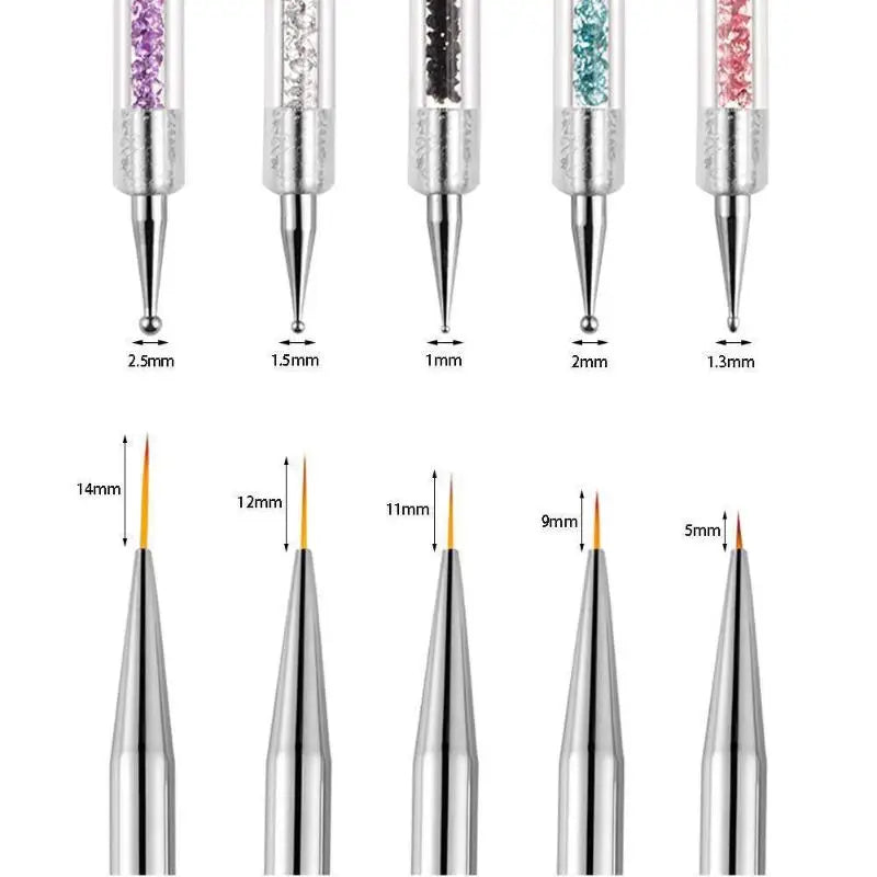 Lightweight Nail Art Dotting Pen Set – Rhinestone Handle Liner & Dotter, 5 Pieces