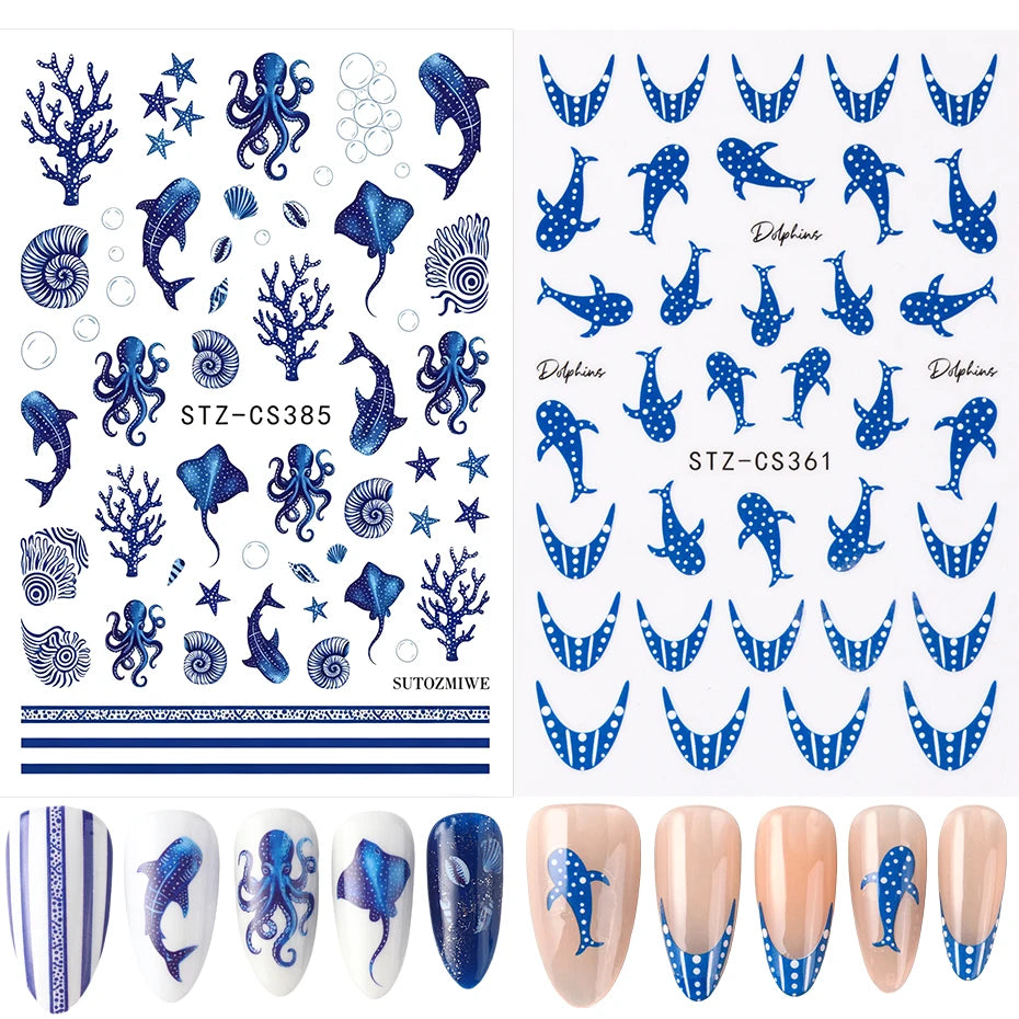 Blue Ocean Nail Art Stickers – Whale, Octopus & Starfish Decals, 2 Pieces
