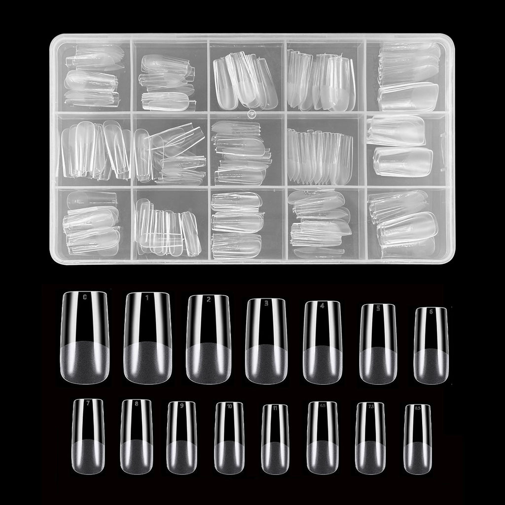 Half-Matte Square Nail Tips – Clear Full Cover Acrylic, 15 Sizes, 240-330 Pieces