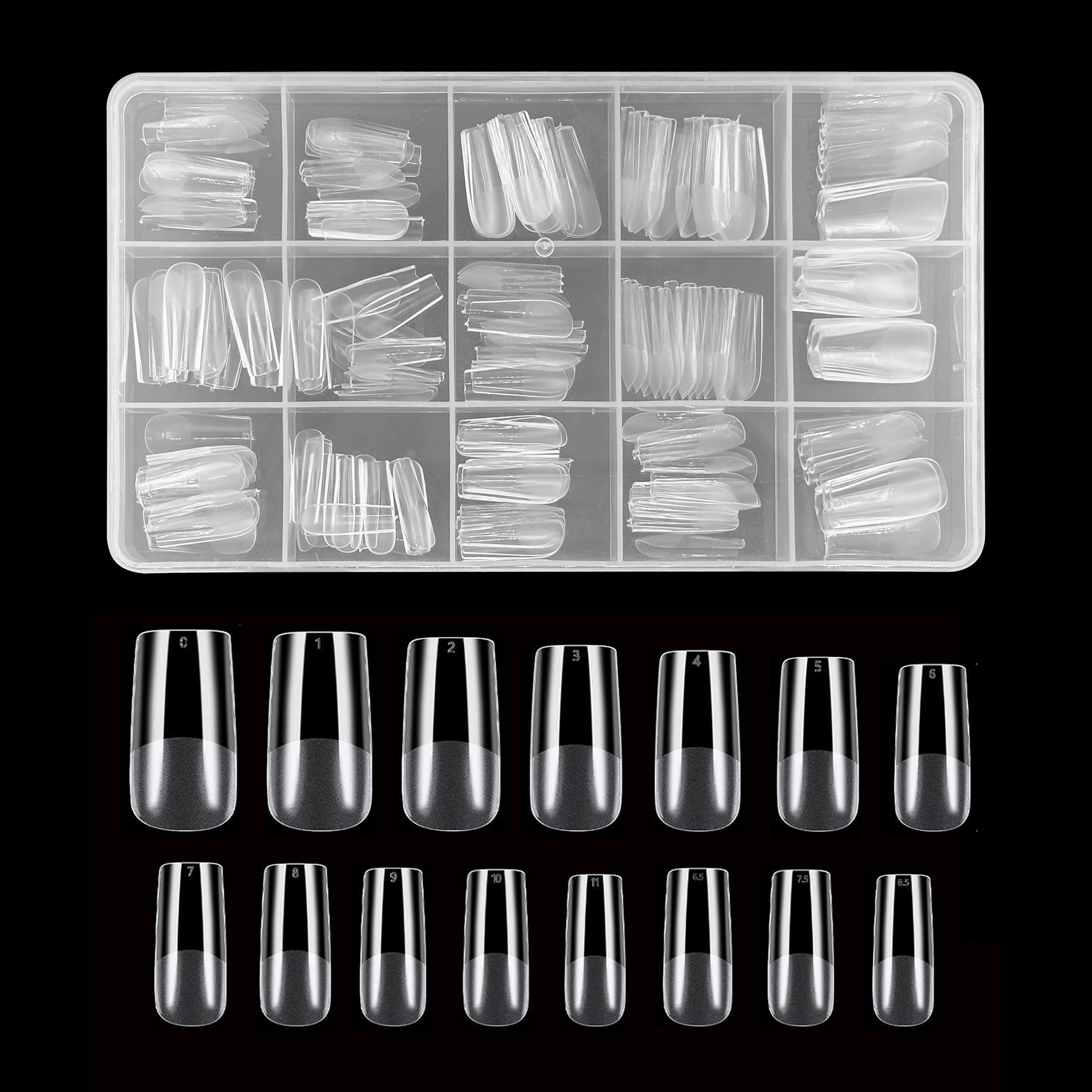 Half-Matte Square Nail Tips – Clear Full Cover Acrylic, 15 Sizes, 240-330 Pieces