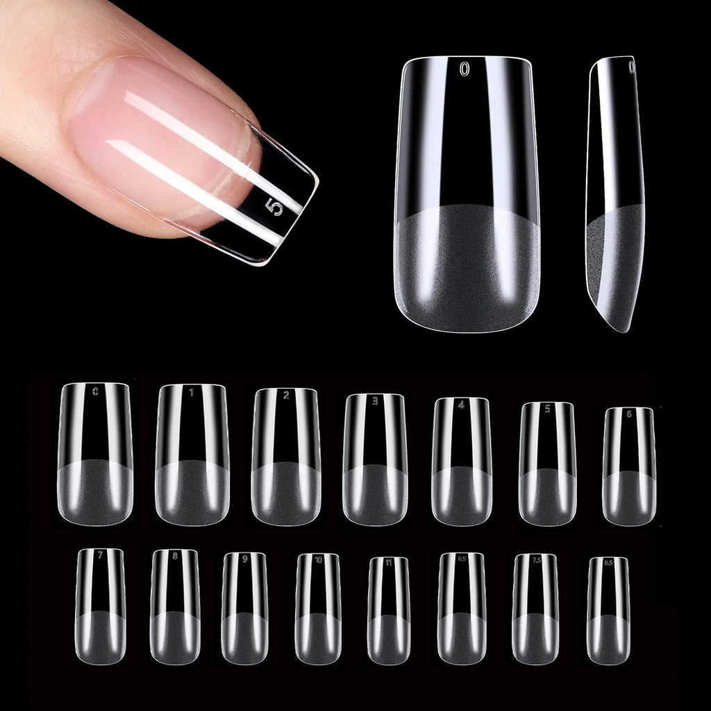 Half-Matte Square Nail Tips – Clear Full Cover Acrylic, 15 Sizes, 240-330 Pieces