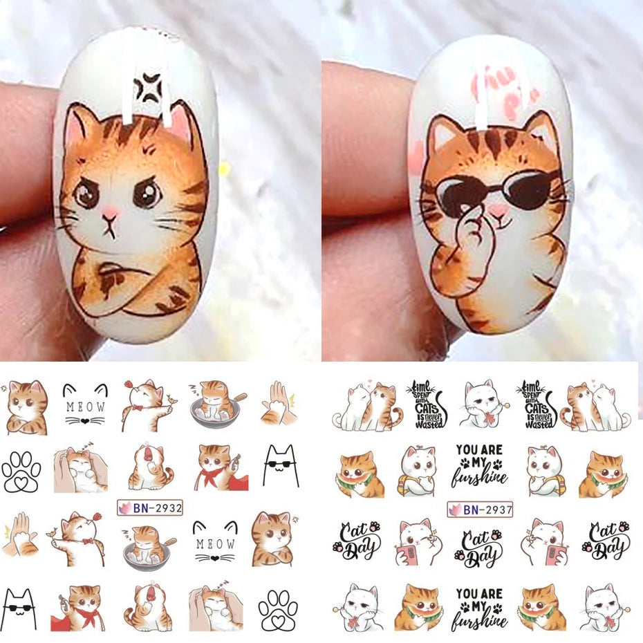 Full Beauty Cute Cat Nail Water Stickers – Kawaii Watercolor Cartoon Decals, 12pcs