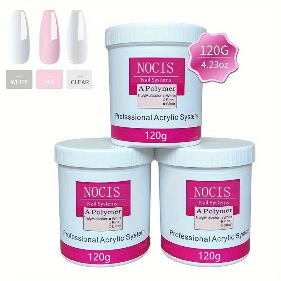NOCIS Acrylic Powder – White, Pink & Naked Colors for 3D Nail Extension, 120g