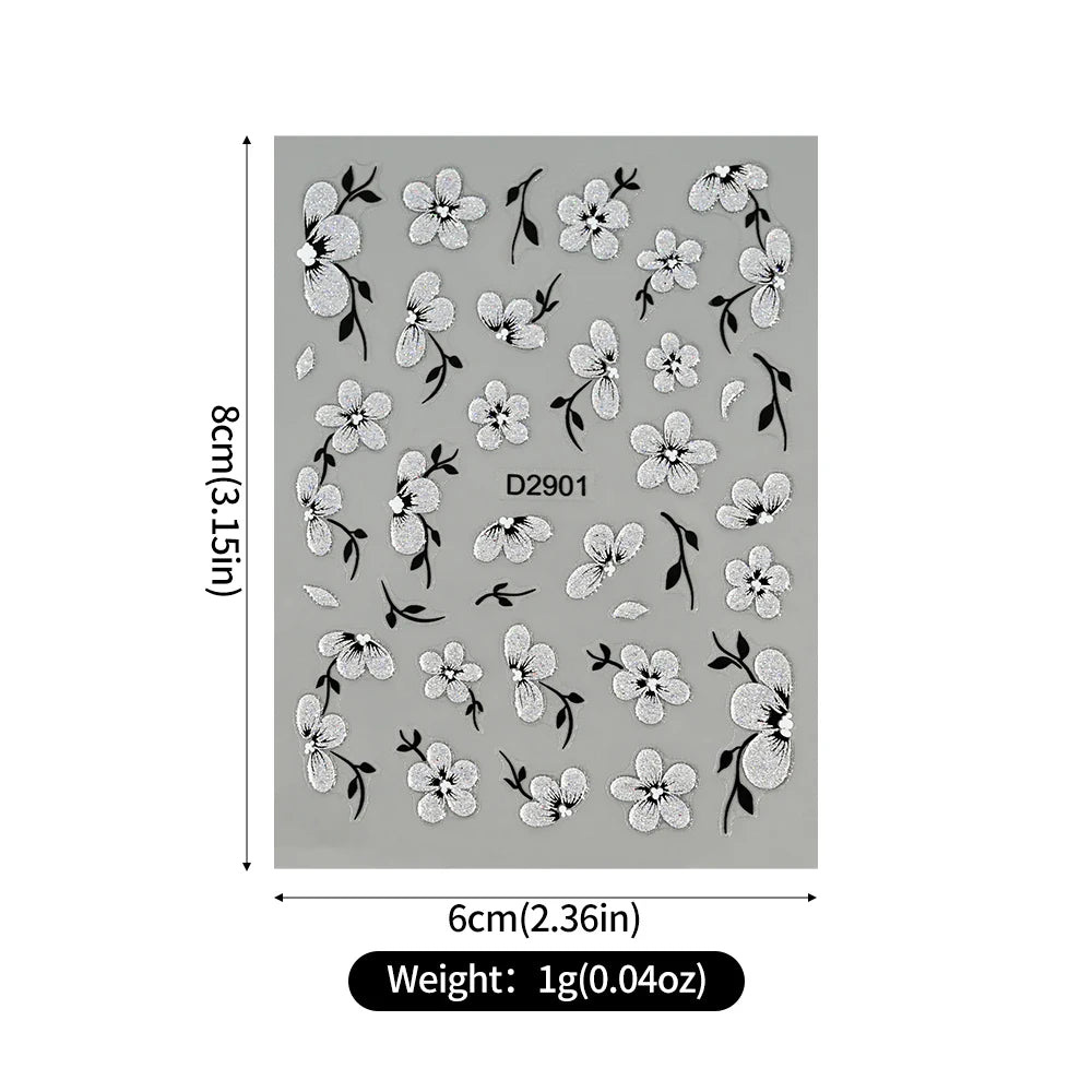 5D Glitter Silver Black Flower Nail Stickers – Embossed Floral Transfer Decals