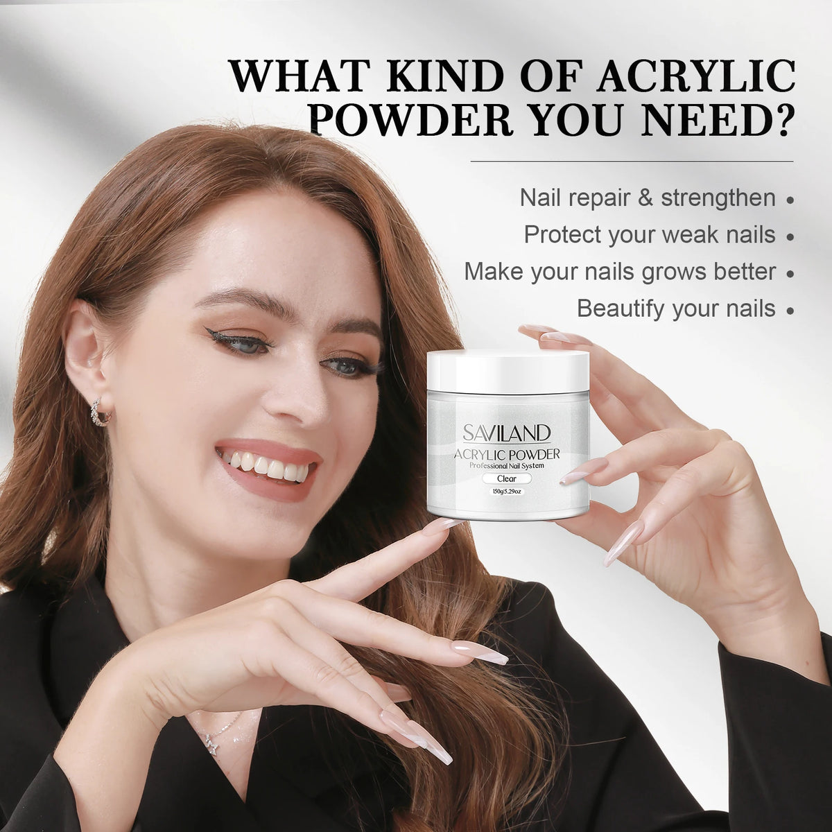 Saviland Large Capacity Acrylic Powder – Clear, White, Pink & Nude, 5.29oz