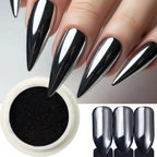 Chrome Black Nail Powder – Magic Mirror Metallic Pigment with Brush