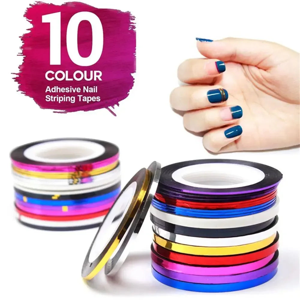 10-Color Metallic Nail Striping Tape – Self-Adhesive Decoration Strips, 1mm