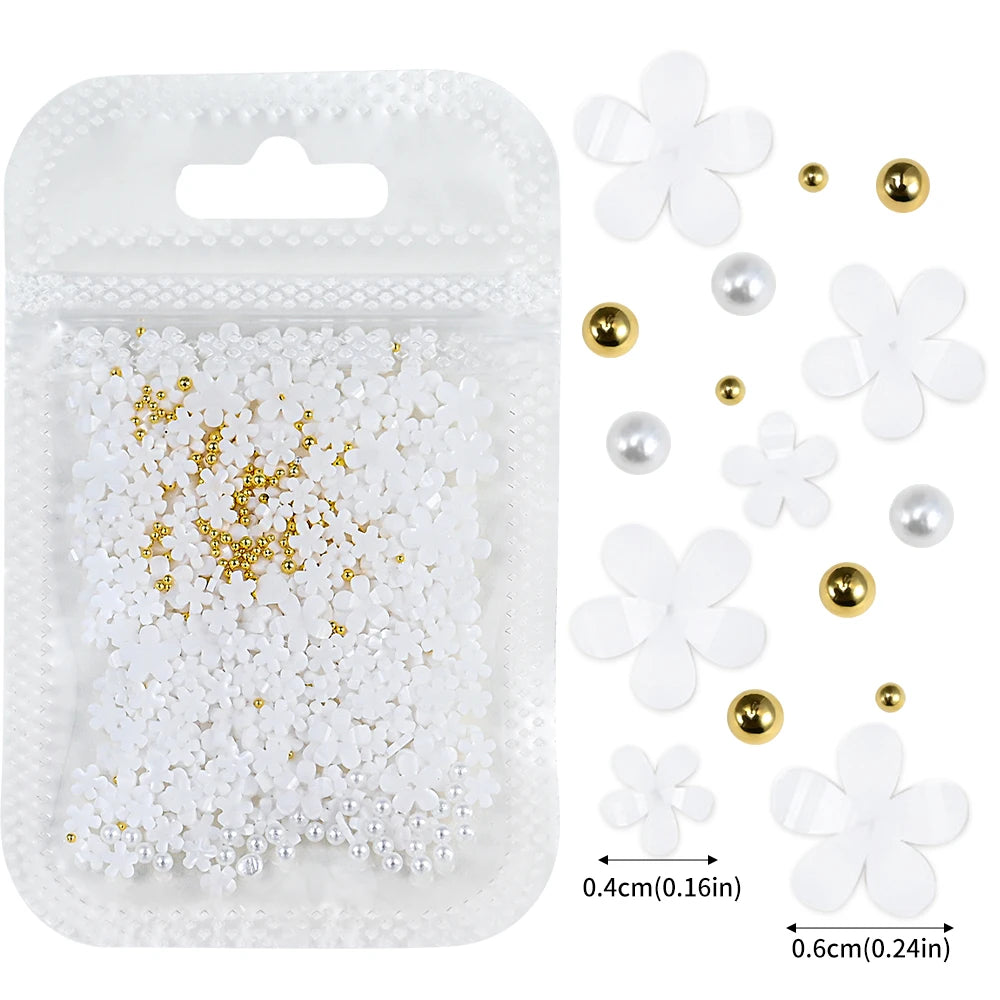 MAFANAILS 3D Acrylic Flower Nail Charms – Mixed Gold Bead & Pearl Set, 1000+pcs