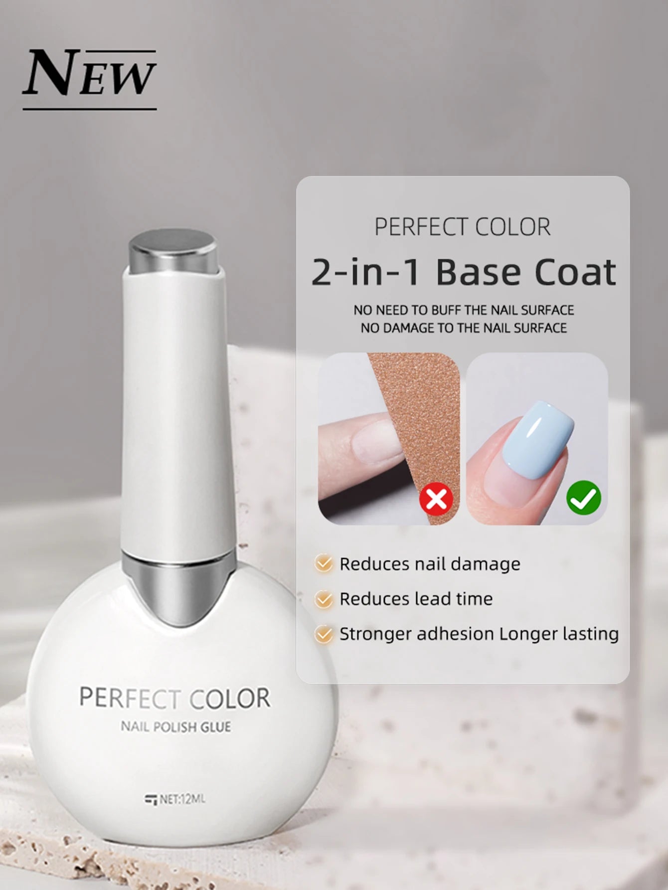 PERFECT COLOR Gel Nail Polish Top & Base Coat Set – Silky Base, Glossy No-Wipe Top
