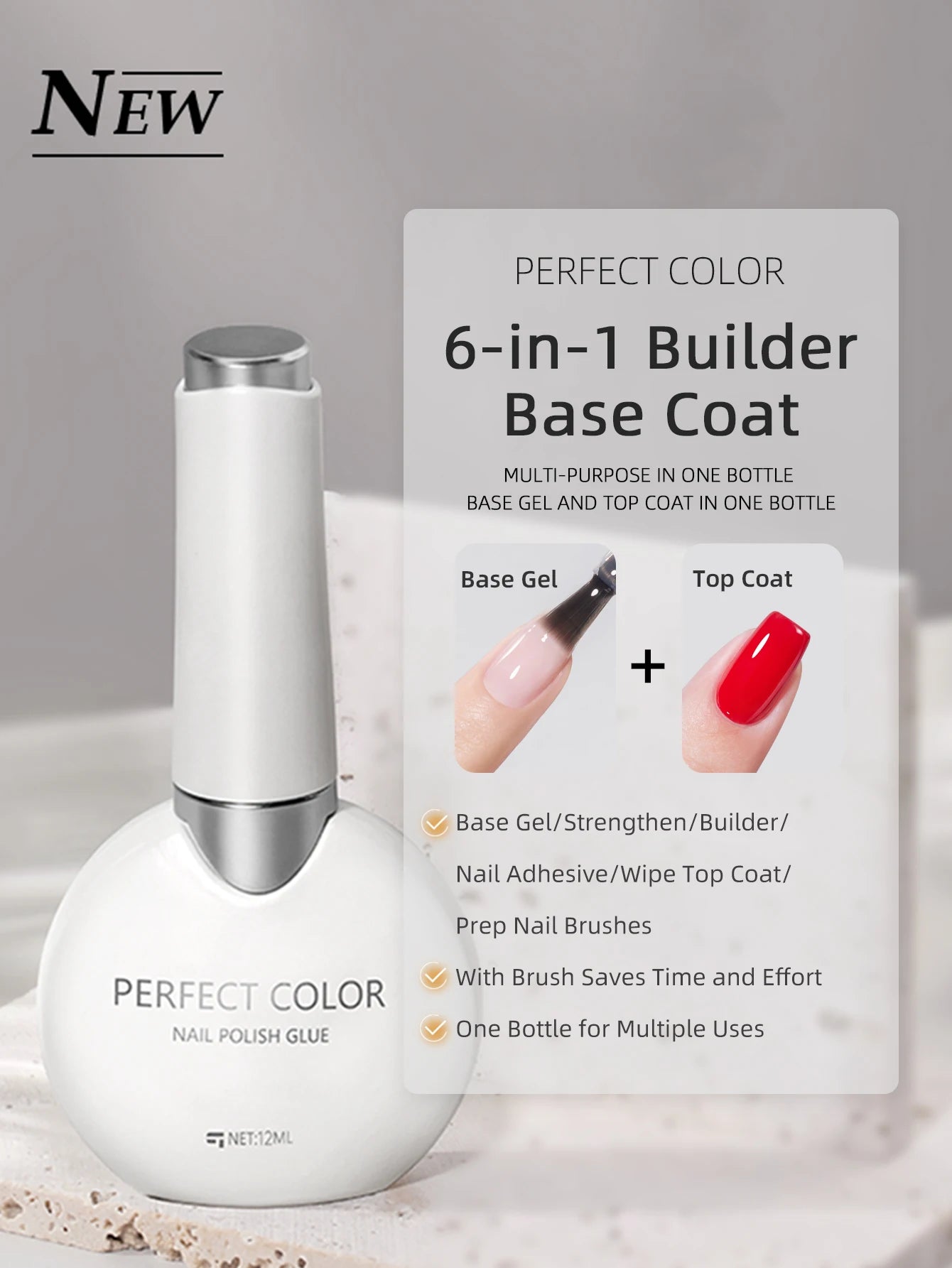 PERFECT COLOR Gel Nail Polish Top & Base Coat Set – Silky Base, Glossy No-Wipe Top