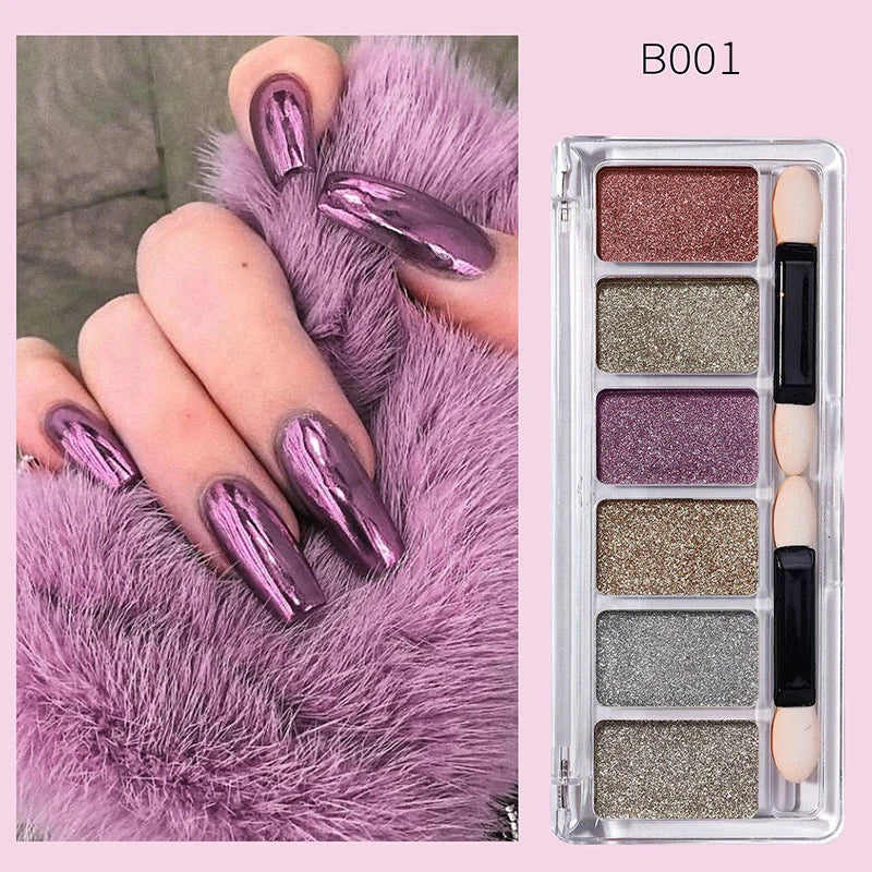 CHUNSHU 6-Color Metallic Chrome Nail Powder – Mirror Gold, Silver & Aurora