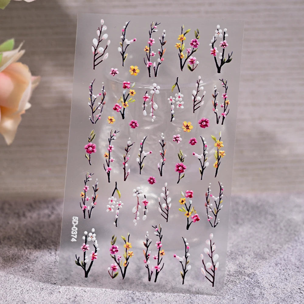 MingLee 5D Embossed Sakura Flower Nail Stickers – Lavender, Rose & Leaf Decals