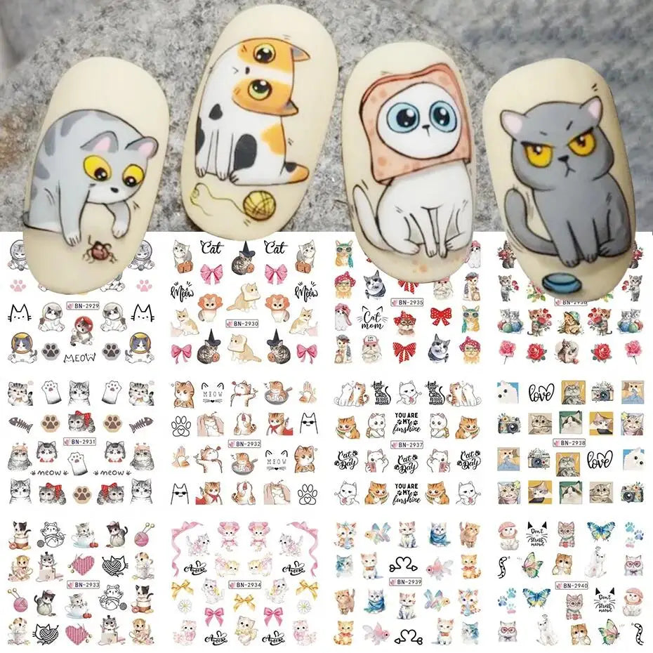 Full Beauty Cute Cat Nail Water Stickers – Kawaii Watercolor Cartoon Decals, 12pcs