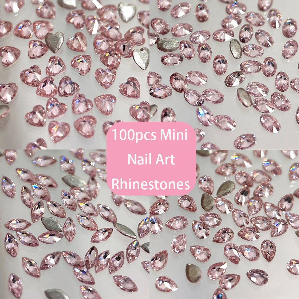 Mini Pink Nail Rhinestones – Teardrop & Horse-Eye Shape Charms, 100 Pieces