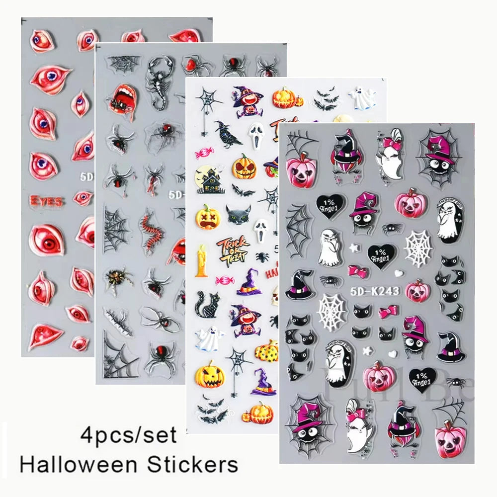 5D Embossed Nail Art Stickers – Floral, Lace & Halloween Textured Decals