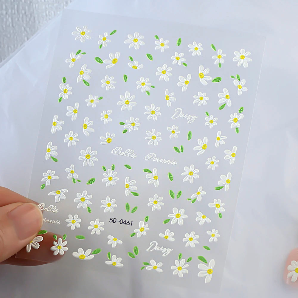 5D White Daisy Nail Art Stickers – Embossed Floret & Leaf Decals