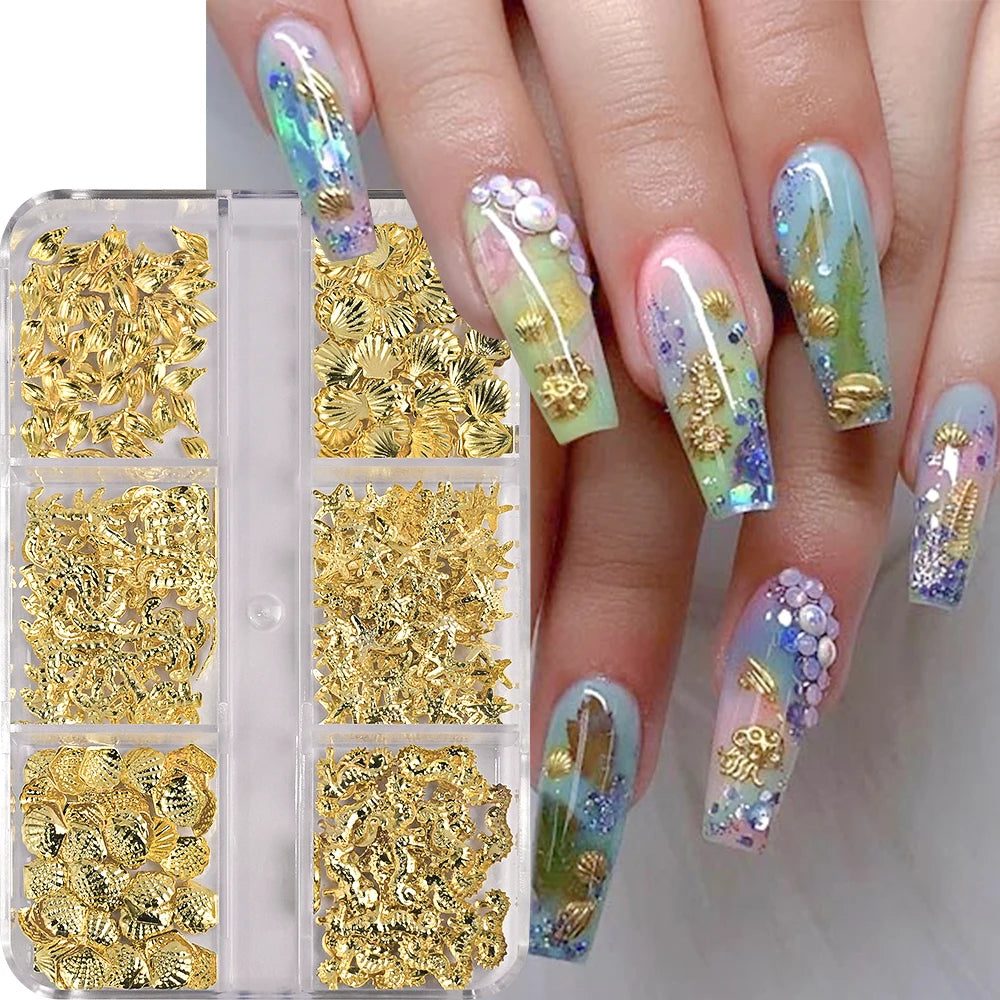 MAFANAILS Metal Summer Ocean Nail Art Charms – Shell, Starfish & Seahorse Studs, 6 Grids