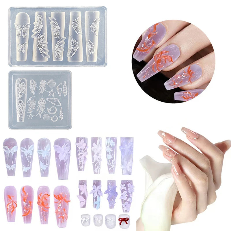 3D Mini Silicone Nail Mold – Butterfly, Flower & Shell Stamping Plate