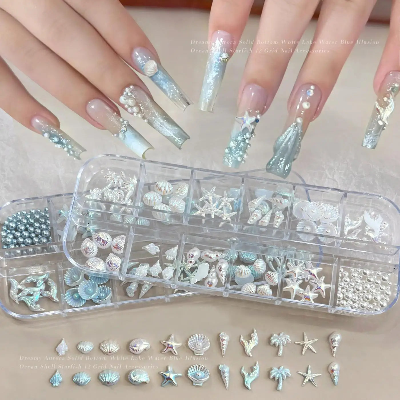 MAFANAILS 3D Ocean Style Nail Charms – Blue Shell, Starfish & Conch, 12 Grids