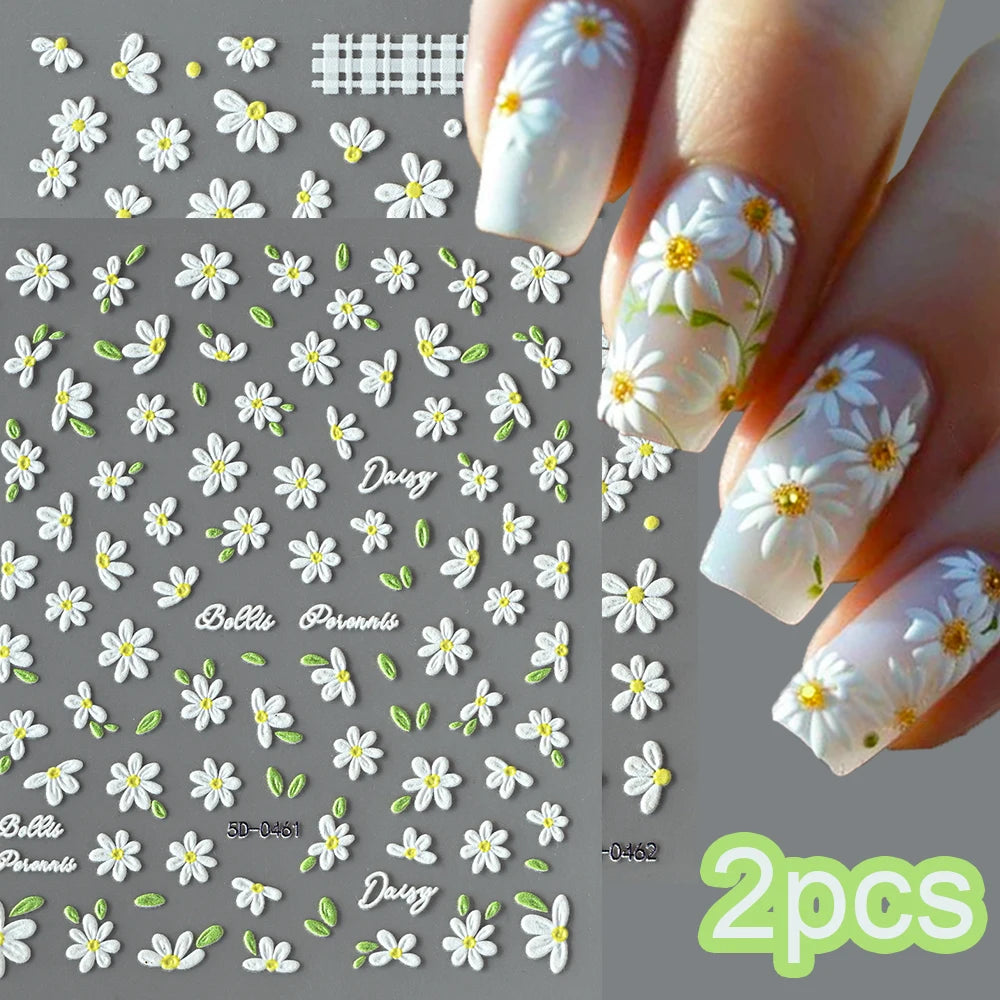 5D White Daisy Nail Art Stickers – Embossed Floret & Leaf Decals