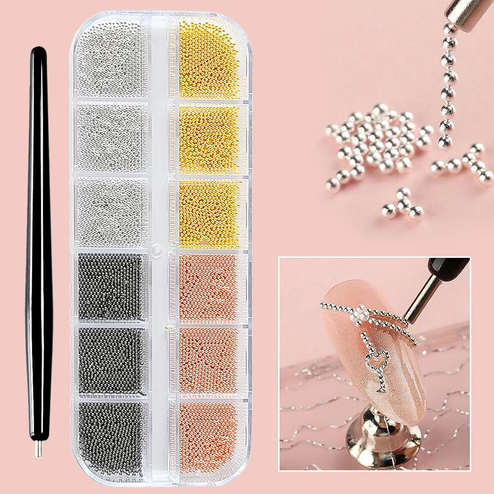MAFANAILS Mini Caviar Bead Nail Charms with Magnetic Pen – Gold & Silver Steel Beads
