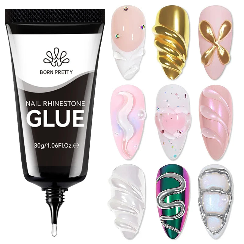 BORN PRETTY Nail Rhinestone Gel 3D Shaping Carving Flower Manicure 30g Super Adhesive NO Wipe Gel for Powder Solid Jewelry Gel