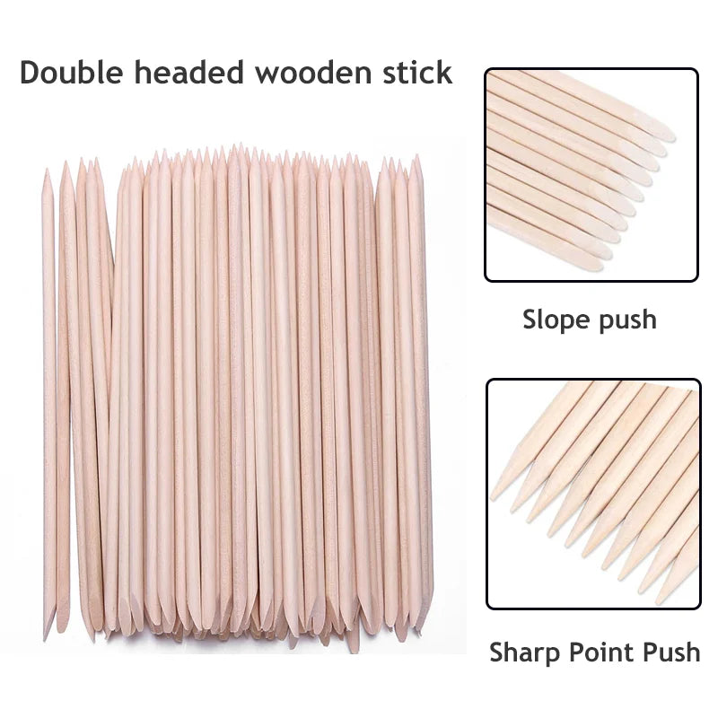 Orange Wood Nail Pusher Sticks – Dual-Head Cuticle & Rhinestone Dotting Tool