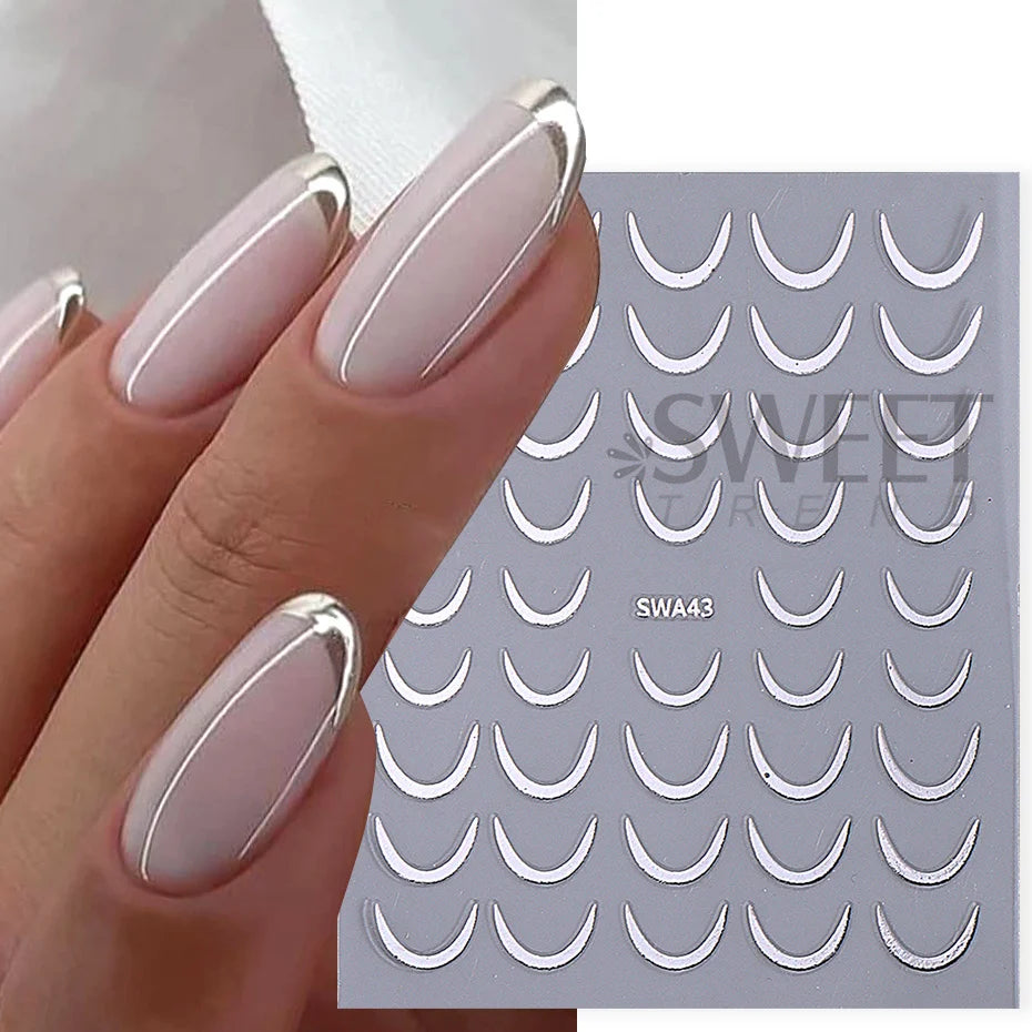Gold & Silver French Curve Stripe Nail Stickers – Simple Swirl Line Tape
