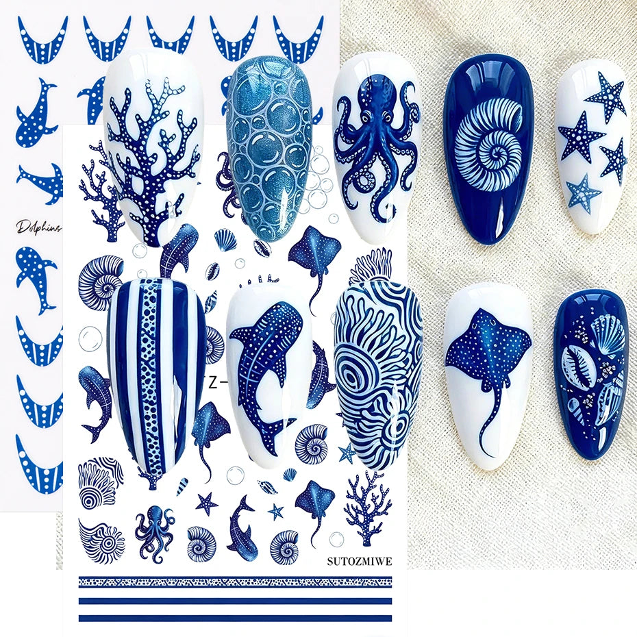 Blue Ocean Nail Art Stickers – Whale, Octopus & Starfish Decals, 2 Pieces