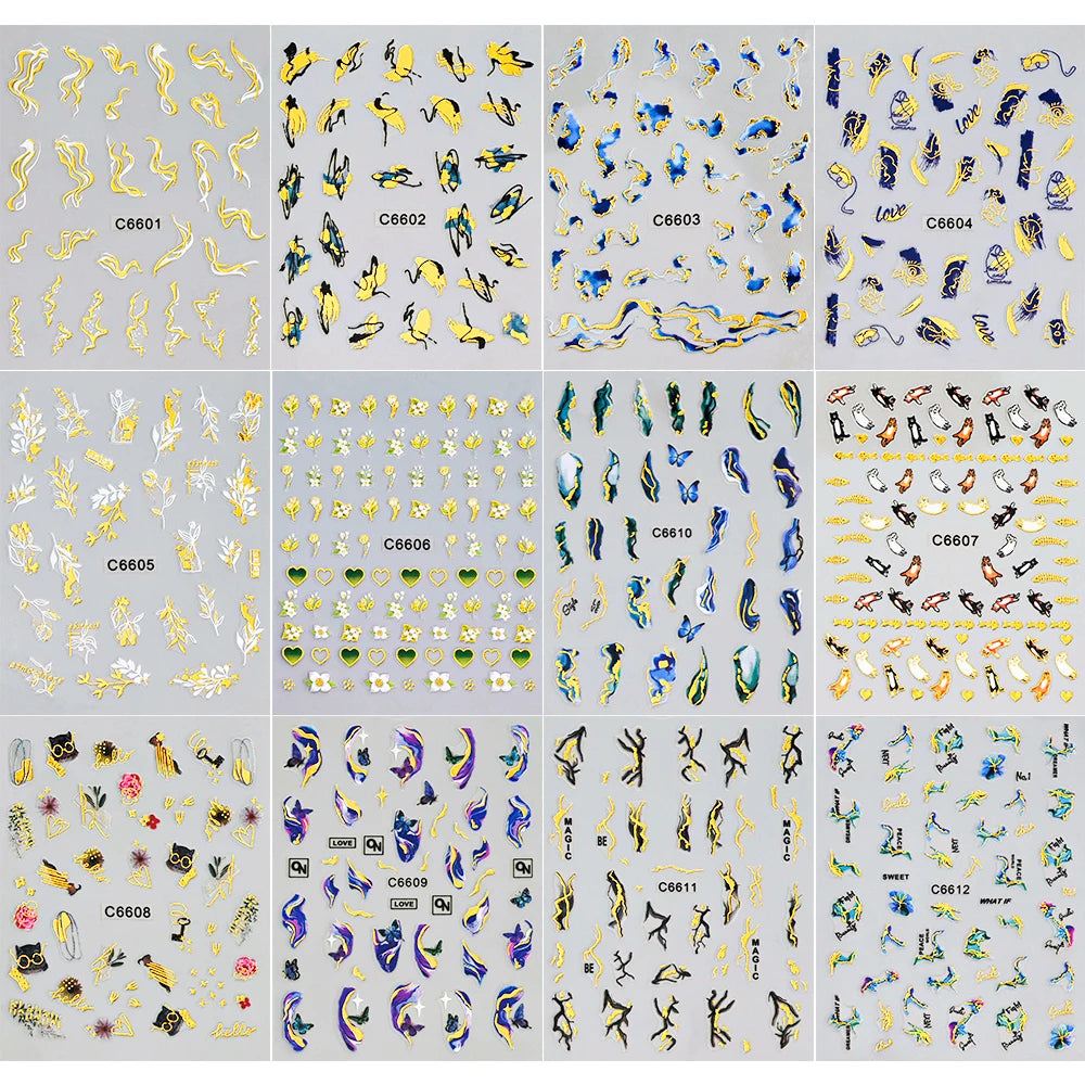 MingLee Golden Blue Marble Nail Stickers – Ocean Wave & Smoke Ink Decals, 12 Sheets
