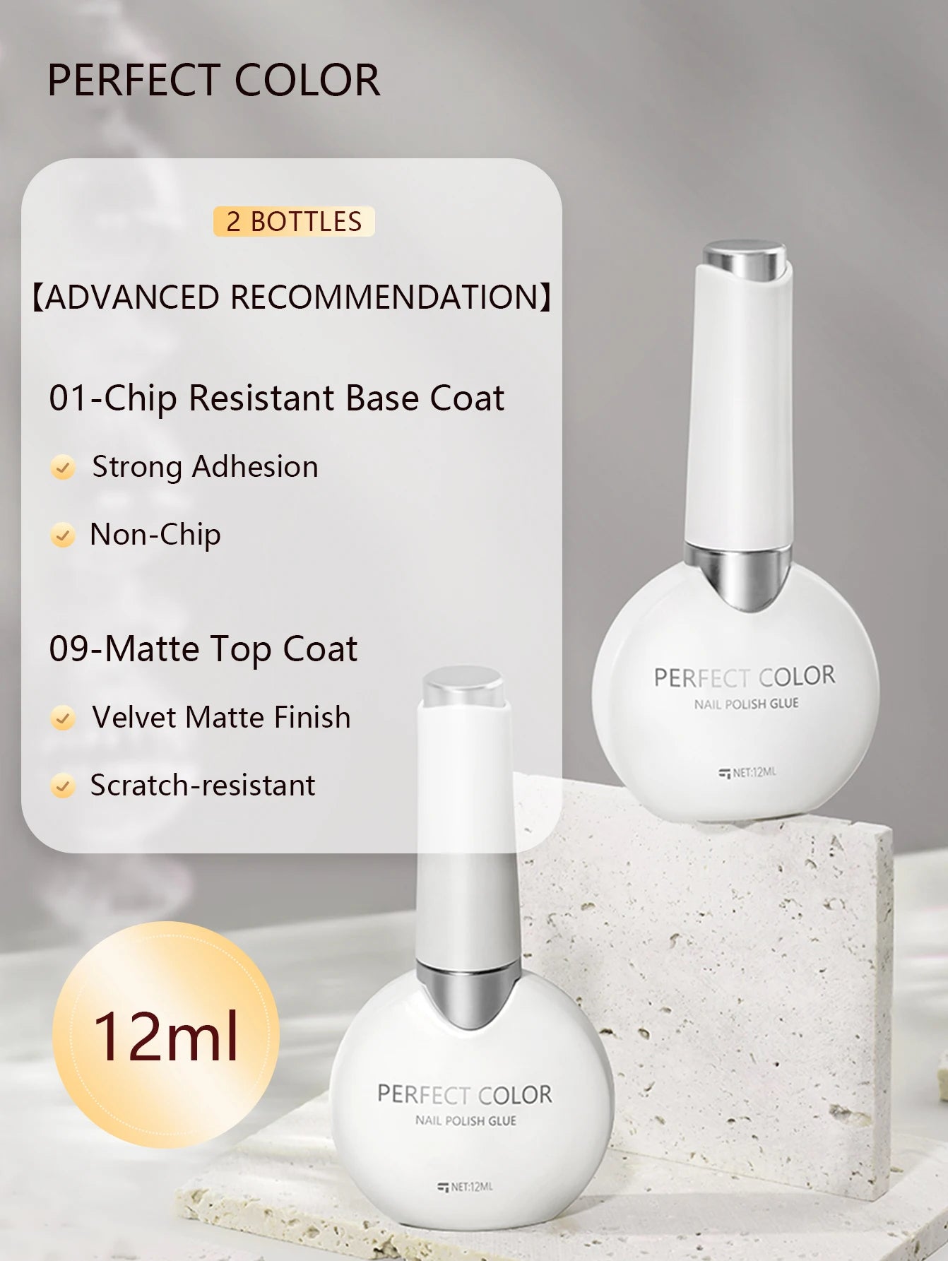 PERFECT COLOR Gel Nail Polish Top & Base Coat Set – Silky Base, Glossy No-Wipe Top