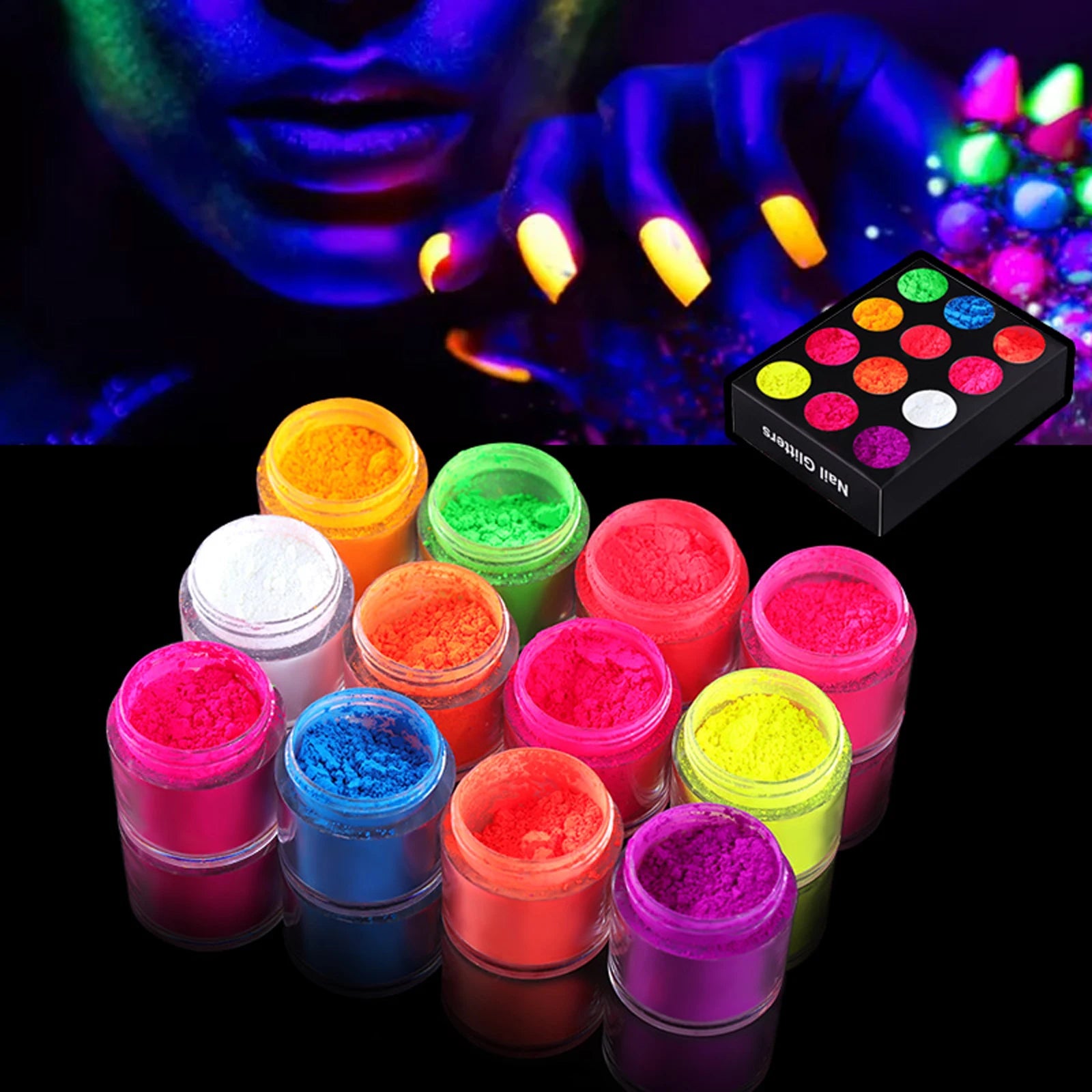 12 Color Neon Pigment Powder Fluorescent Nail Glitter Shinny Ombre Chrome Dust DIY Polish Manicure For Nails Art Decoration Kit
