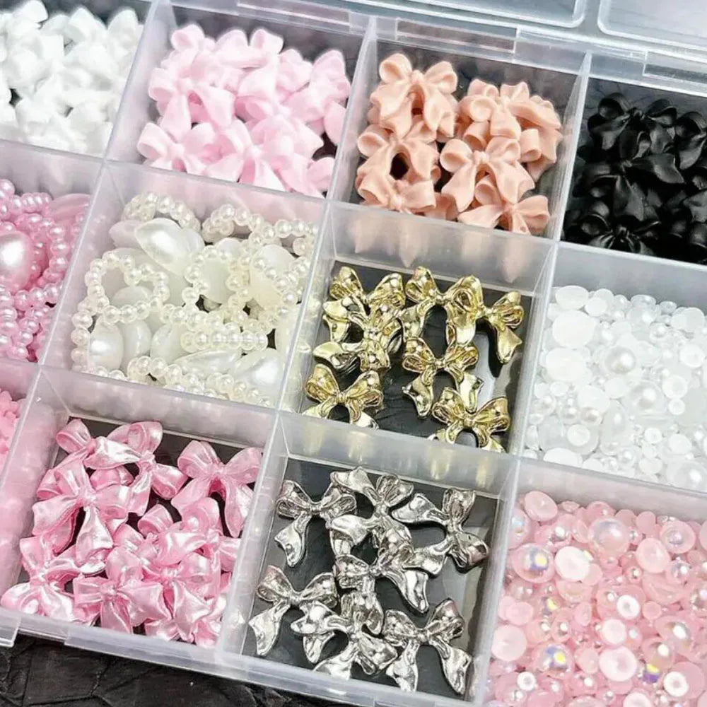 MAFANAILS 3D Resin Bowknot Pearl Nail Charms – Y2K Heart & Flower Decor, 12 Grids