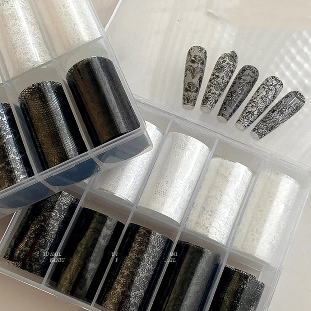 MAFANAILS Black & White Lace Nail Transfer Stickers – Sexy Flower Lace Foils, 10 Rolls